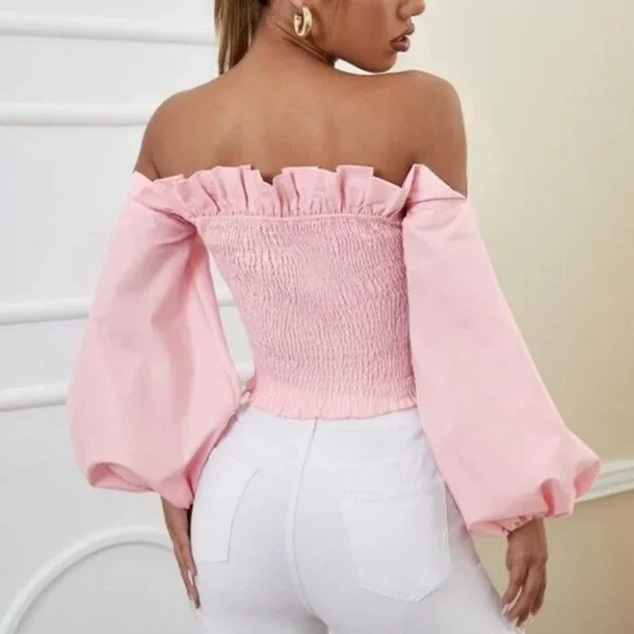 Off Shoulder Ruffle Trim Shirred Long sleeved Crop Blouse Pink - Picture 5 of 5